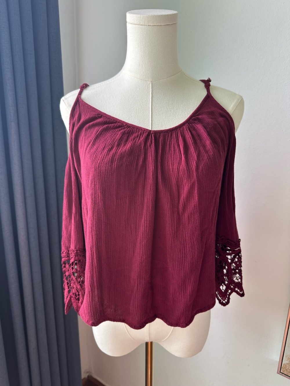 Ambiance Women's Off-Shoulder Lace Sleeve Top - Burgundy Size S Casual Coquette